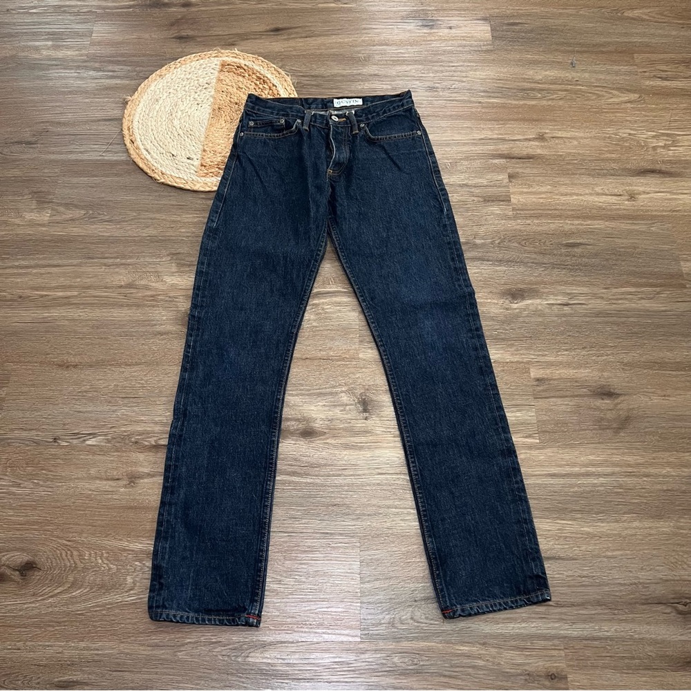 GUSTIN Selvedge Button Fly Mens Slim Fit Denim Dark Wash Jeans